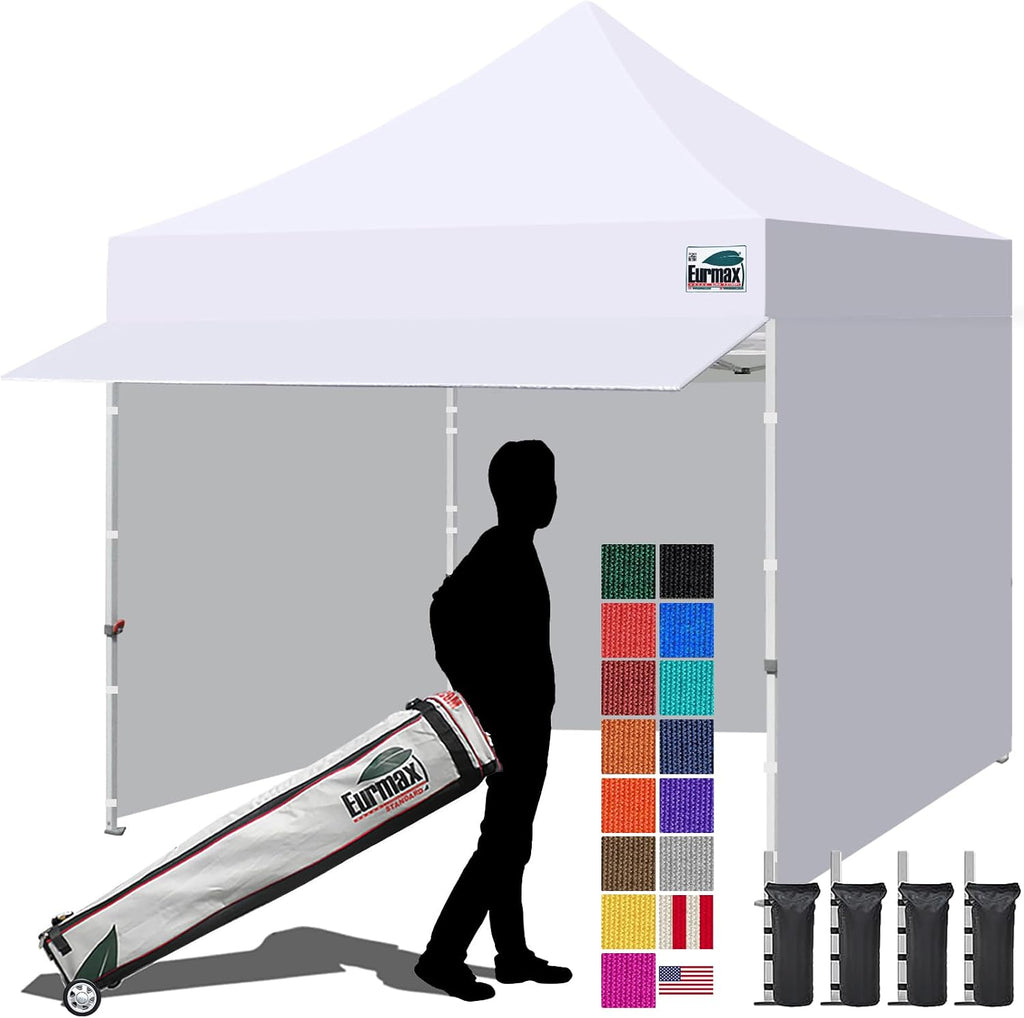 Eurmax USA 10x10 Pop Up Canopy,Commercial Tent with Patented No-Tip Rolling Bag,30sqft Extension Awning & 4 Zippered Removable Walls,UV & Water Resistant,Heavy Duty Instant Shelter Gazebo,White