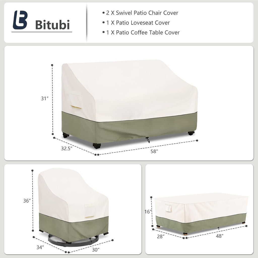 Bitubi Outdoor Waterproof Patio Furniture Covers 4-Piece Set for Swivel Rocker Chairs, Patio Loveseat 58in, Coffee Table 48in, Heavy Duty 600D Tough Canvas, Beige