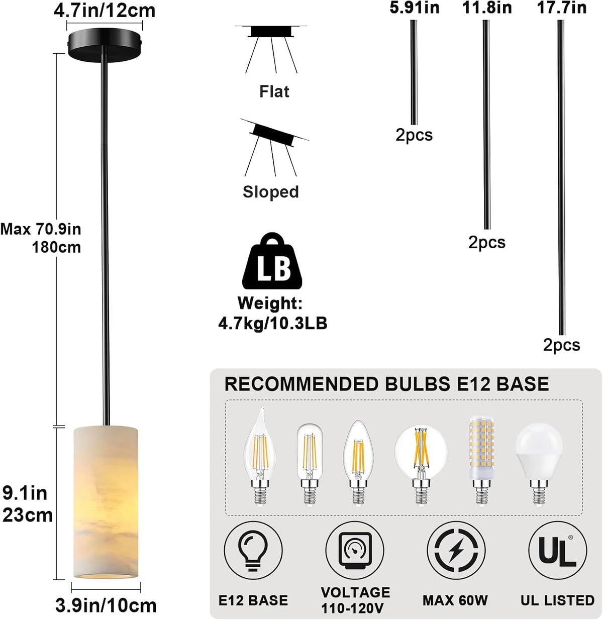 Alabaster Pendant Lights Kitchen Island, Black Hand Carved Alabaster Cylinder Pendent, Spanish Natural Marble Light Pendant for Bedroom Bathroom Dining Room Living Room- 3 PC