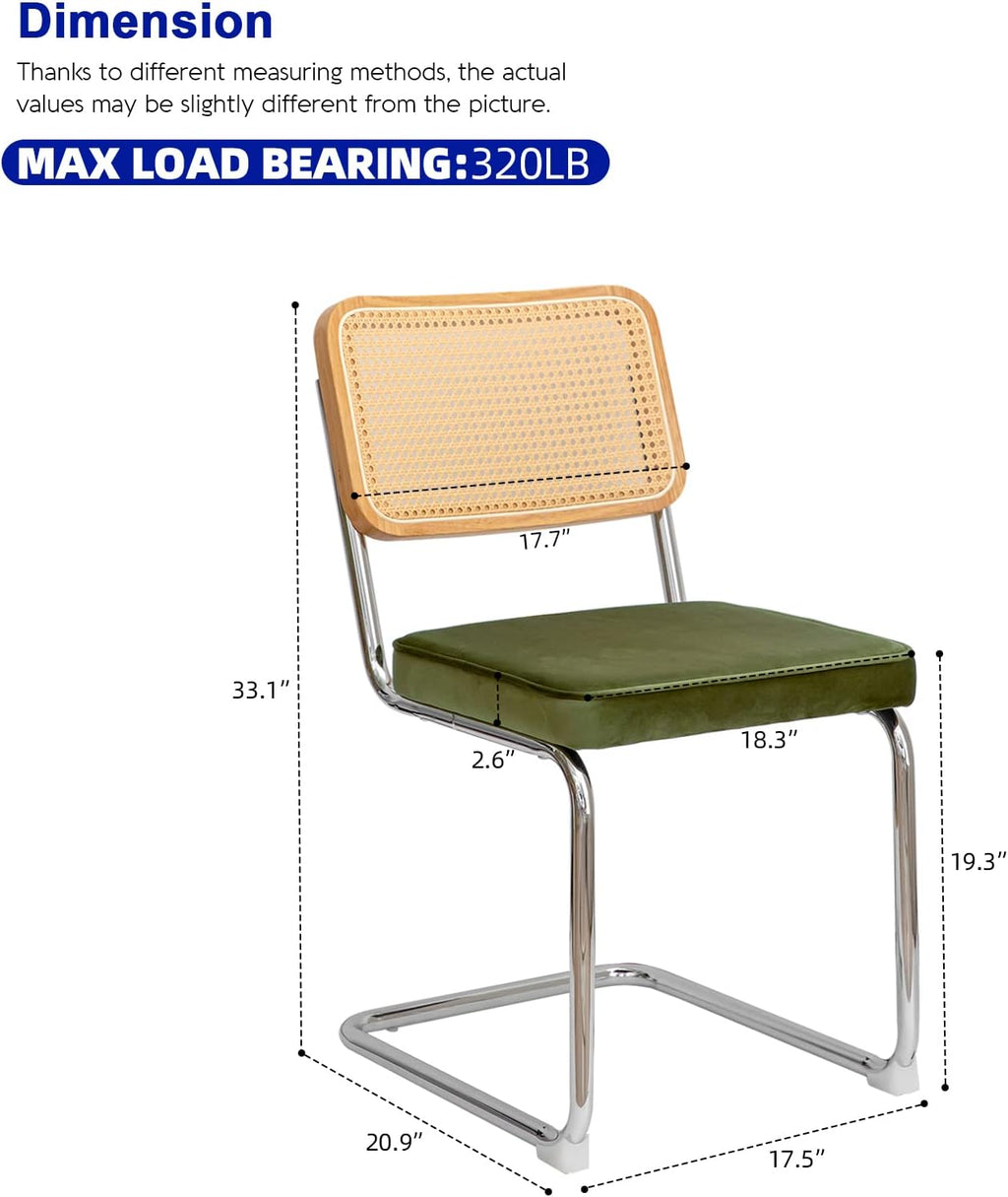 MFFM Rattan Dining Chairs Set of 2, Green Velvet Dining Room Chair with Solid Back and Chrome Legs, Modern Mid Century Designed Chairs for Dining,Living Room,Kitchen Chairs (Olive Green-2pcs)