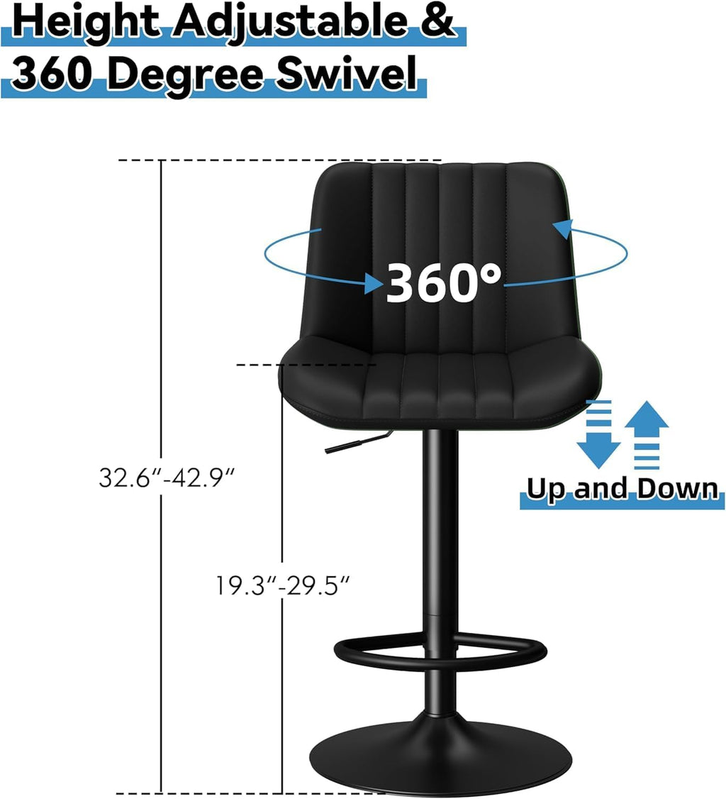 Shintenchi Swivel Bar Stools Set of 2, Adjustable Faux Leather Upholstered Swivel Counter Stools, Armless Bar Height Island Chairs with Back and Footrest, Black