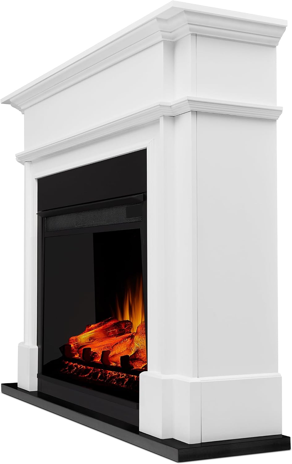 Real Flame Harlan 55” Electric Fireplace with Mantel for Living Room or Bedroom, Replaceable Fireplace Insert Heater, Realistic Log and Flame Effect, Remote Control, Timer, White