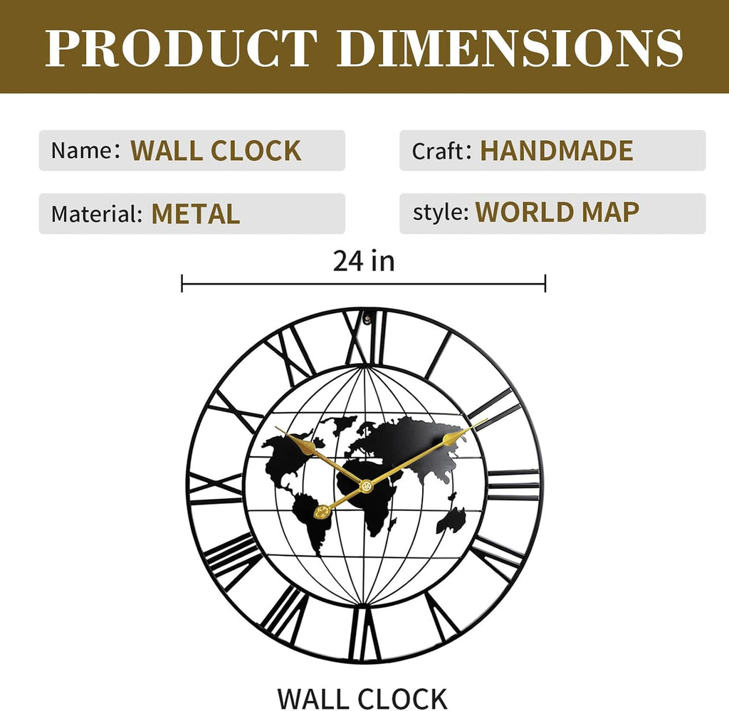 Large World Map Wall Clock,Metal Minimalist Decorative Modern Clock
