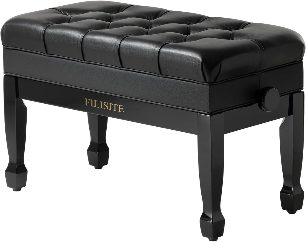 Genuine Leather Duet Piano Bench with Storage,Adjustable Heavy Duty Wooden Double Keyboard Seat XHJ-11G(Black)