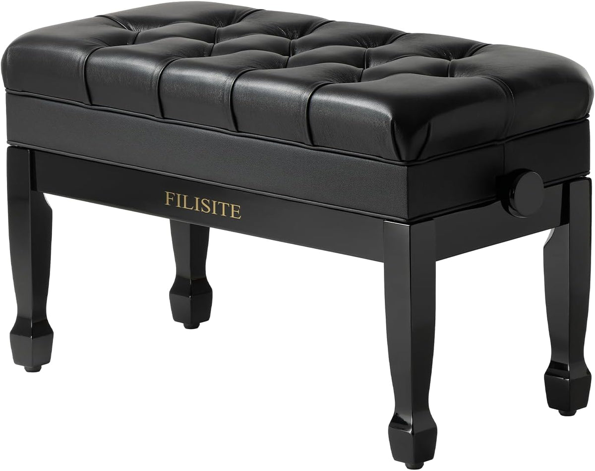 Genuine Leather Duet Piano Bench with Storage,Adjustable Heavy Duty Wooden Double Keyboard Seat XHJ-11G(Black)