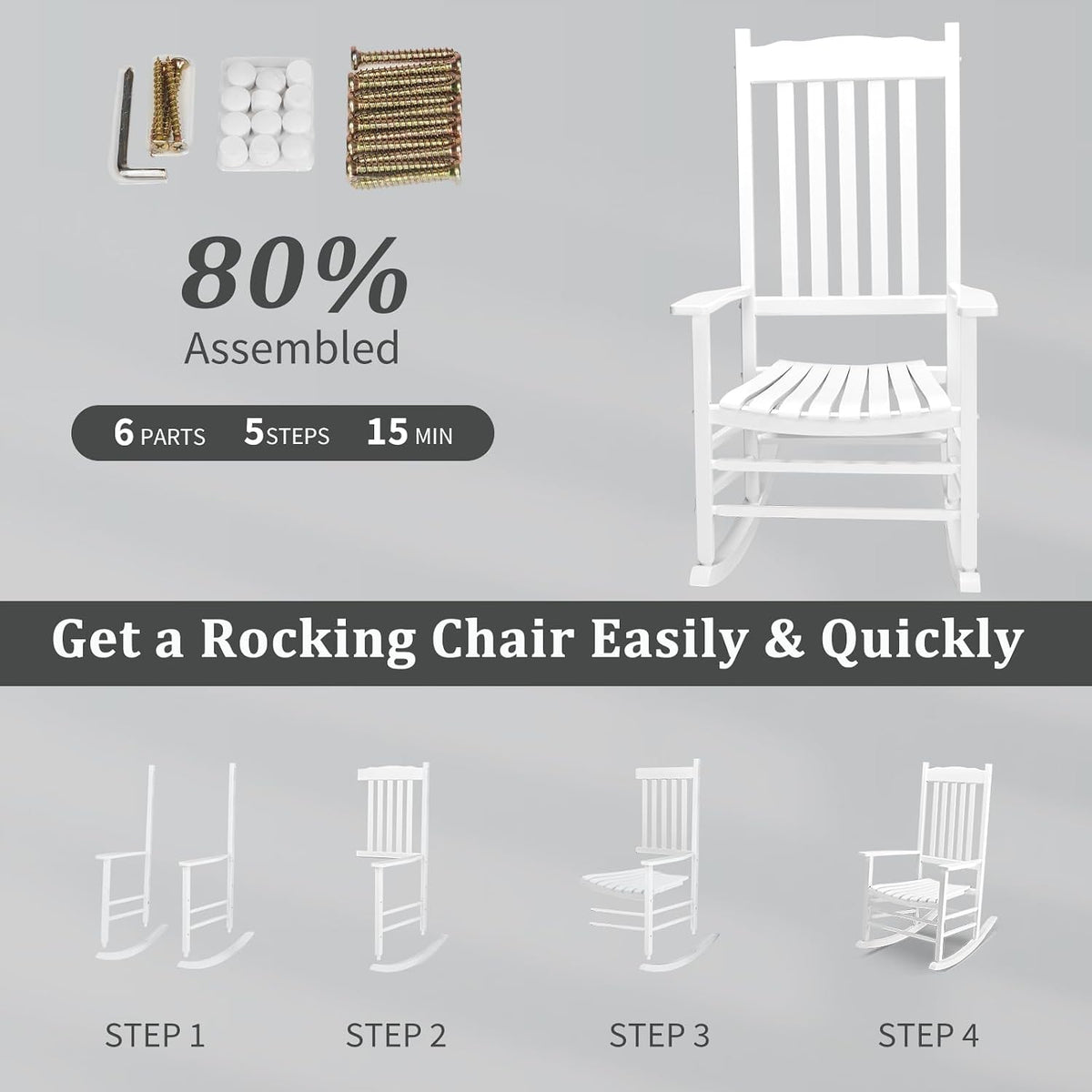 Outvita Outdoor Rocking Chair, Solid Wood High Back Rocker, White
