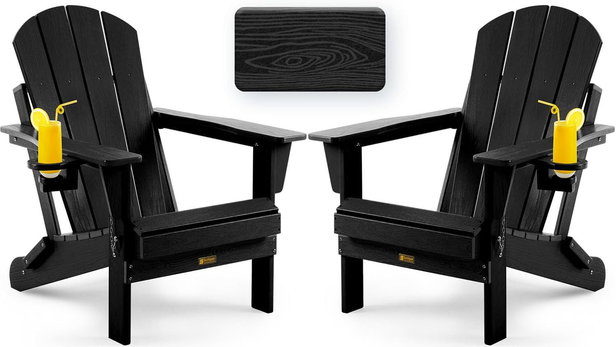 Folding Adirondack Chair, Wood Texture, Weather Resistant(Black)
