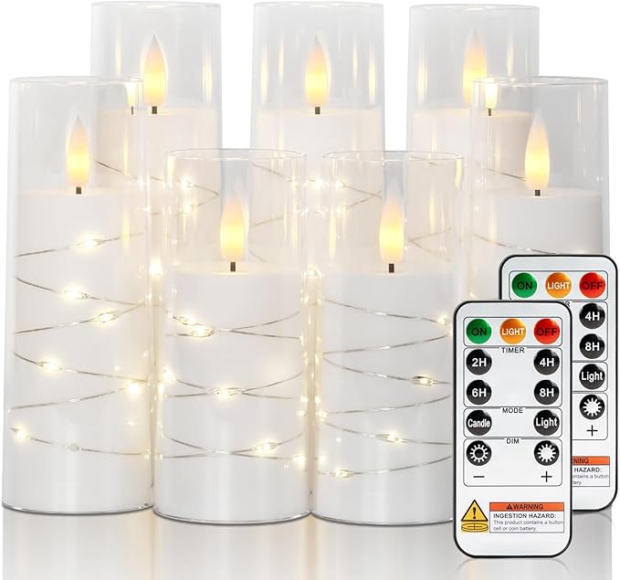 Raycare Flameless Candle with Remote Timer, 7 Flickering Acrylic Battery Operated LED Pillar Candles with Embedded Star String for Halloween, Home Decor, and as a Gift(White) (7 Pack)