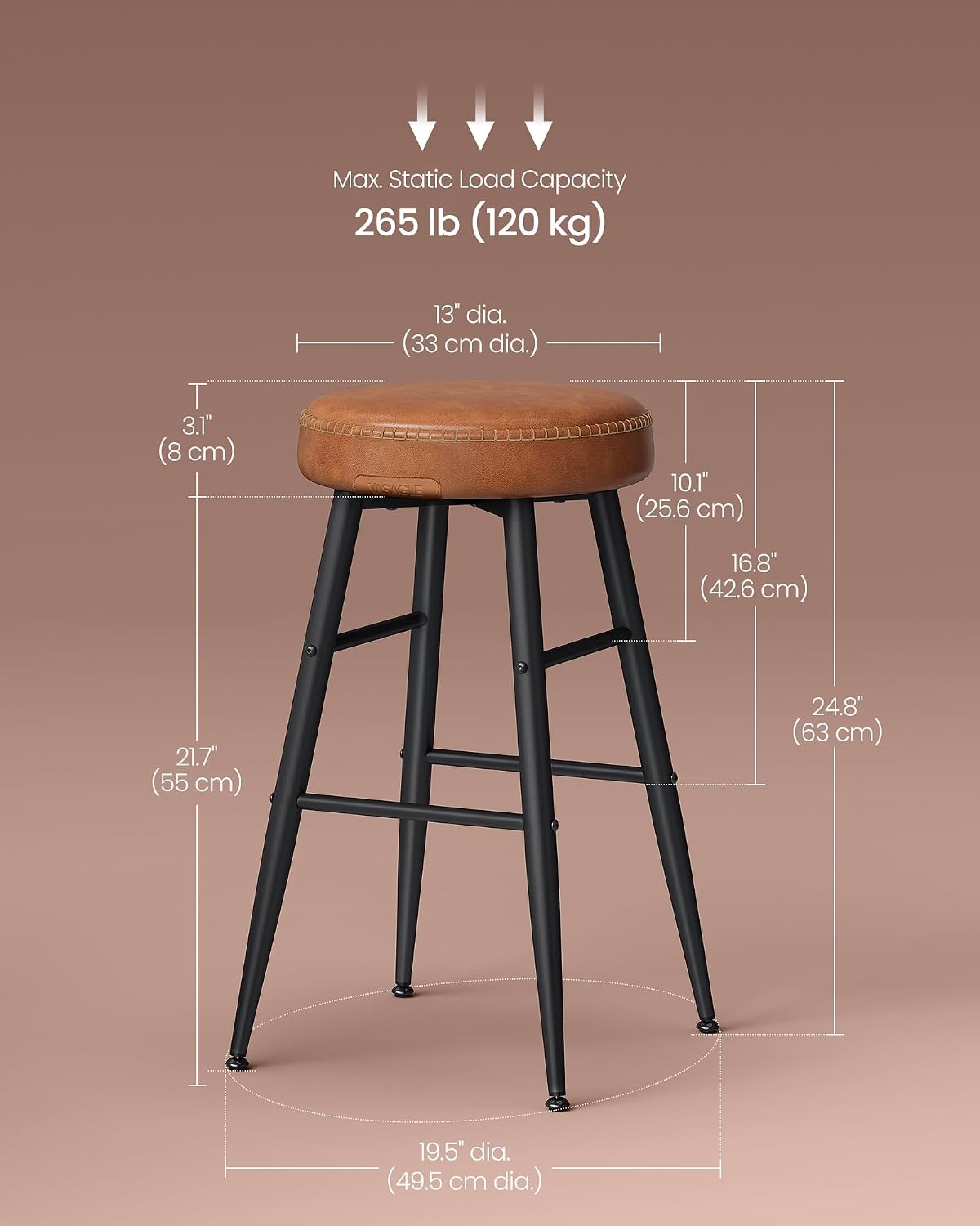 VASAGLE Bar Stools Set of 2, Kitchen Counter Stools, 24.8-Inch Tall