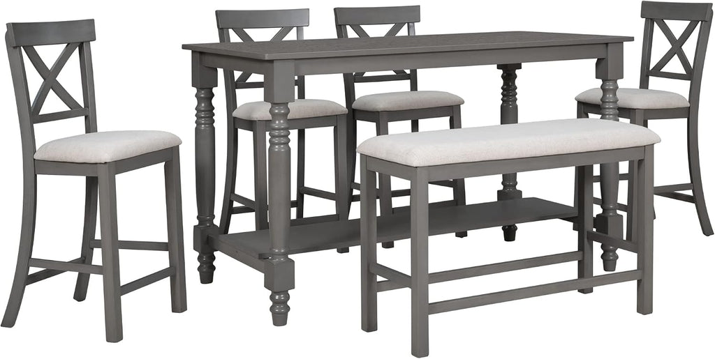 LUMISOL Counter Height Kitchen Table Set with Bench and Chairs for 6 Rustic Solid Wood Dining Room Table Set with Bottom Shelf for Storage, Gray