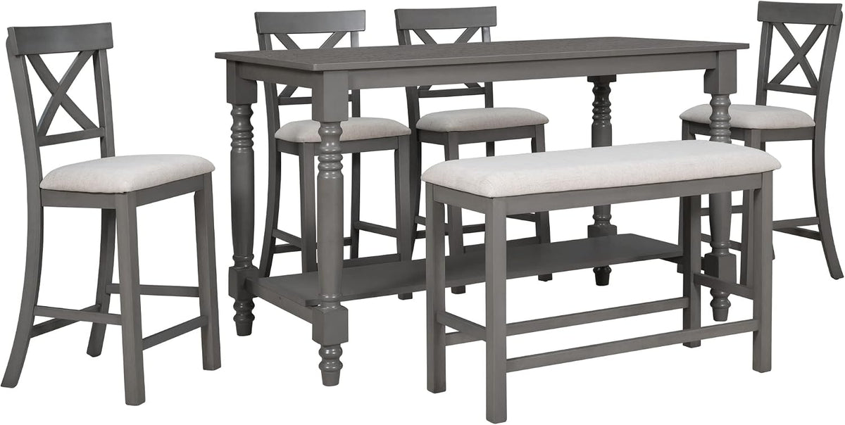 LUMISOL Counter Height Kitchen Table Set with Bench and Chairs for 6 Rustic Solid Wood Dining Room Table Set with Bottom Shelf for Storage, Gray