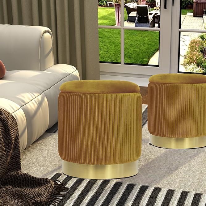 YYW HOME Round Ottoman with Storage Set of 2, Yellow Velvet Vanity Stool