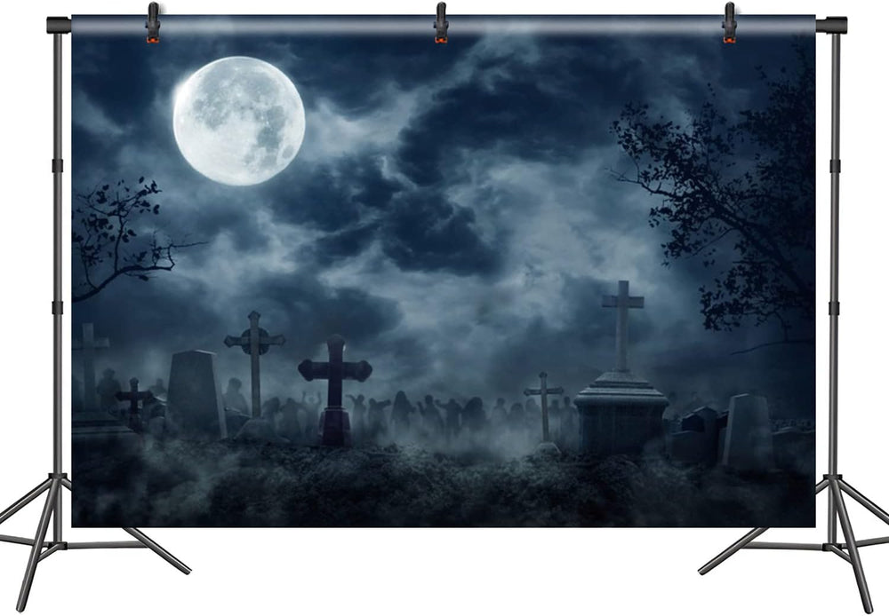12x8ft Polyester Graveyard Scary Halloween Backdrop for Photography Misty Cem...