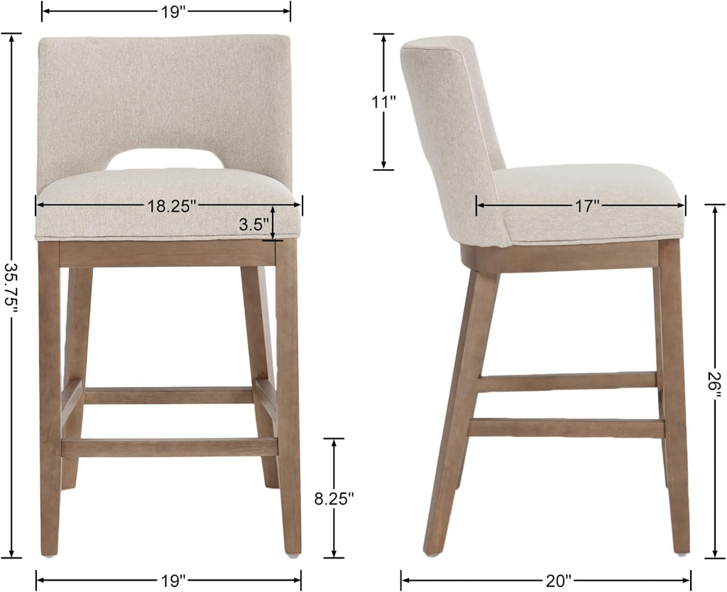 Farmhouse Bar Stools Set of 4, 26" Counter Height Barstools, Linen Upholstered Barstools with Open Back for Kitchen Island/Breakfast Bar/Home Pub, Beige