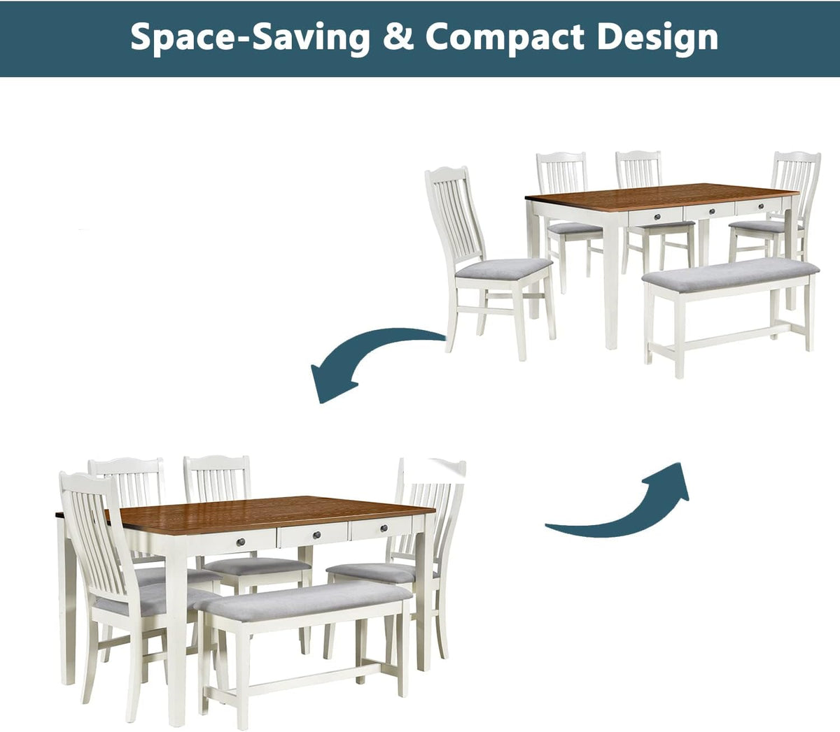 LUMISOL 6-Piece Dining Table Set with Bench, Farmhouse Solid Wood Kitchen Table Set with Bench, 4 Upholstered Chairs & Storage Drawers for Kitchen, Dining Room, Living Room, Butter Milk