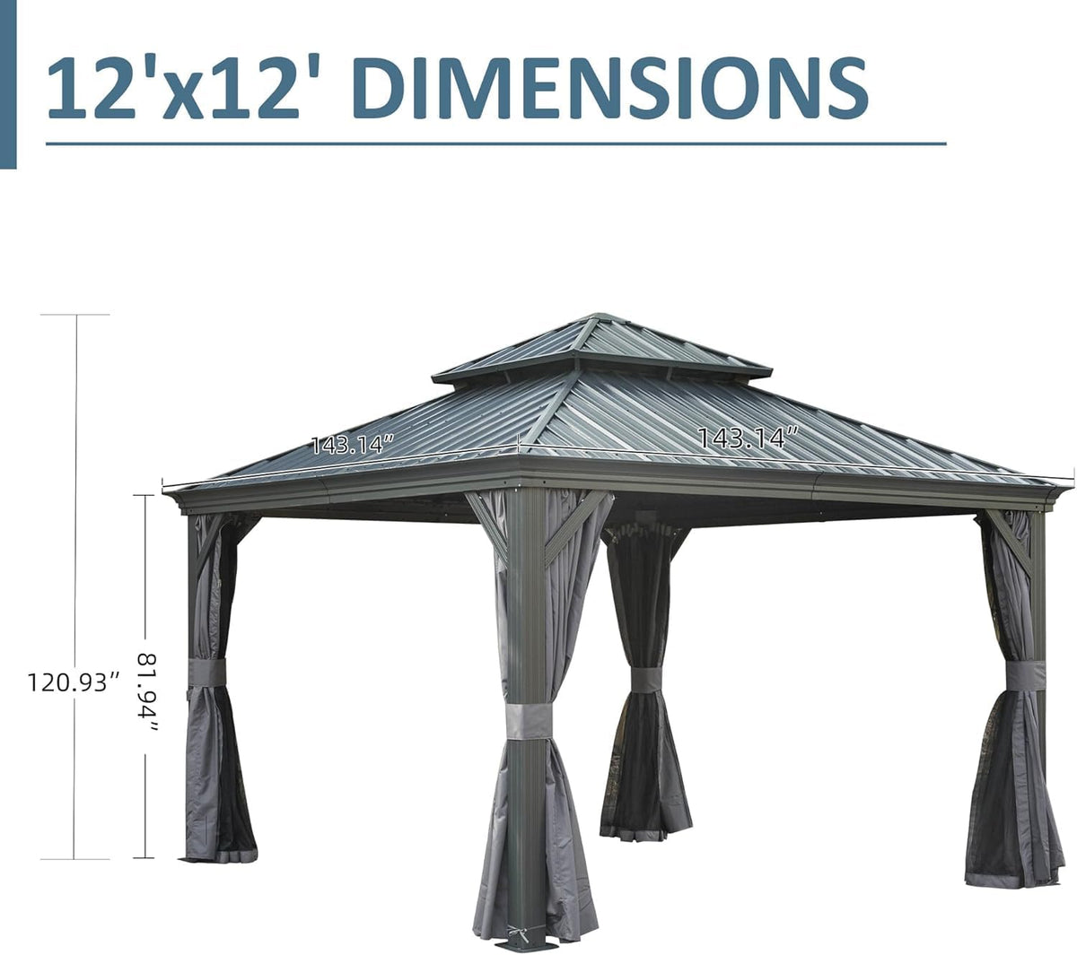 Domi 12'X12' Gazebo, Hardtop Gazebo for Patio with Drainage System, Gray