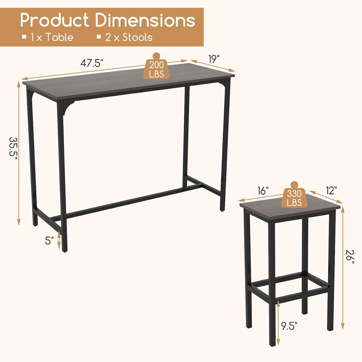 COSTWAY 3-Piece Dining Table Set, 47.5" Counter-Height Kitchen Table Set