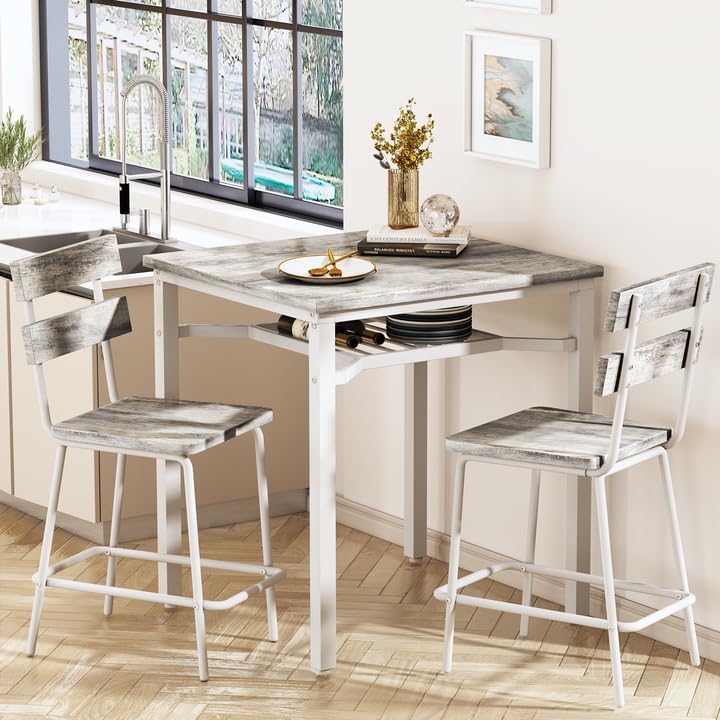 Hooseng 3 Piece Bar Table and Chairs Set, Counter Height Small Dining Table with 2 Bar Stools, Farmhouse Square Kitchen Table with Storage for Bistro, Pub, Small Space