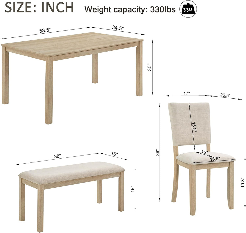 Harper & Bright Designs 6-Piece Dining Set with Bench & 4 Upholstered Chairs, 58.5" Modern Farmhouse Kitchen Table for 6, Easy Assembly,Light Oak & Beige
