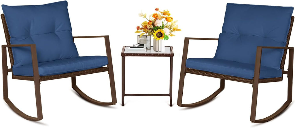SUNCROWN 3 Piece Outdoor Rocking Bistro Set Brown Wicker Furniture Porch Chairs Conversation Sets with Glass Coffee Table, Dark Blue