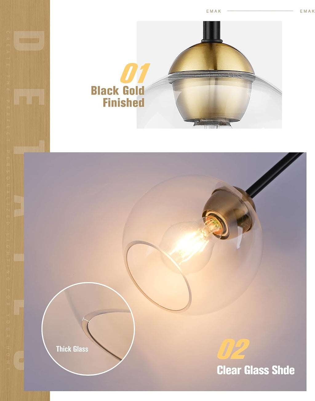 Emak 2 Pack Black and Gold Pendant Light Fixtures, Modern 7 Inch Globe Pendant Lights Kitchen Island with Clear Glass Shade, 1 Light Hanging Lights for Kitchen, Bedroom, Bathroom, PL119-BKBGD-2PK