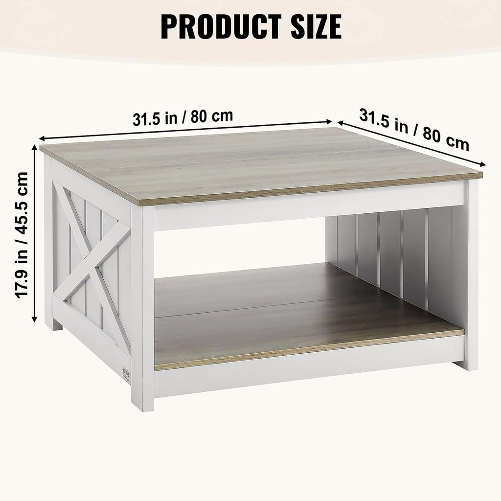VEVOR 31.5" Farmhouse Coffee Table, Square Coffee Table with Open Storage Compartment, Wooden Rustic Cocktail Table for Living Room, Bedroom, Apartment, Studio, Grey & White