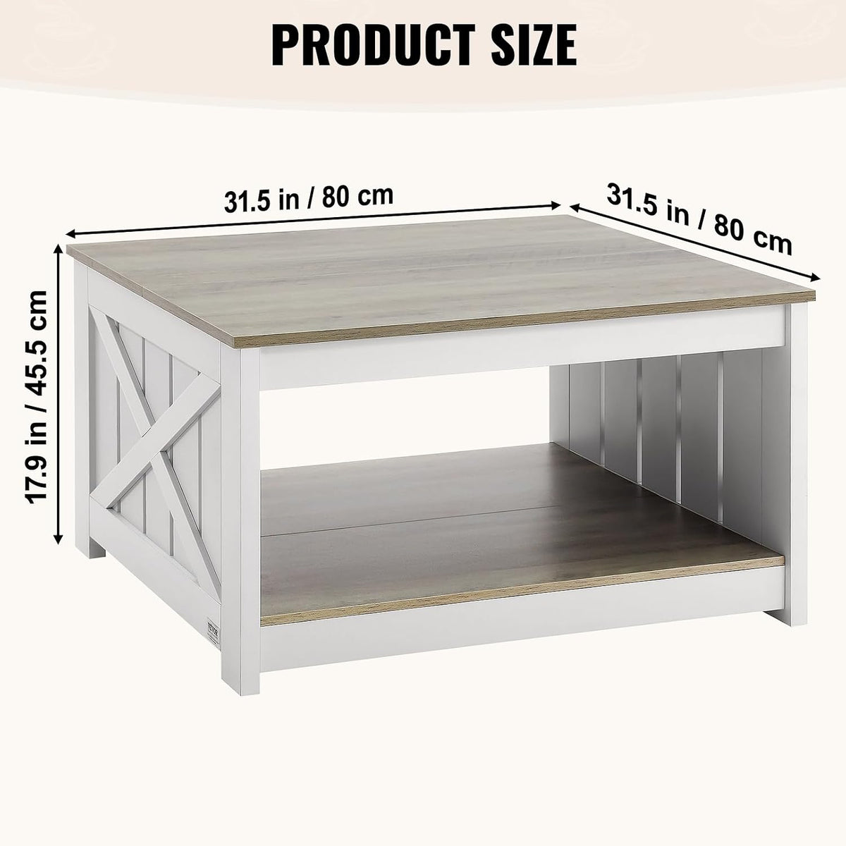 VEVOR 31.5" Farmhouse Coffee Table, Square Coffee Table with Open Storage Compartment, Wooden Rustic Cocktail Table for Living Room, Bedroom, Apartment, Studio, Grey & White