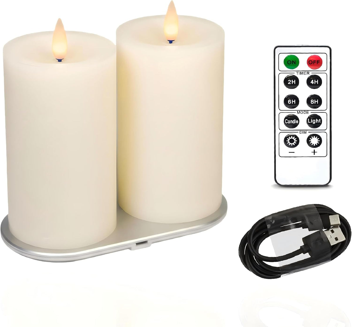 Rechargeable Flameless Pillar Candle with Remote Timer, 3D Moving Flame Real Wax Led Pillar Candles (Ivory, 3‘’x5‘’)