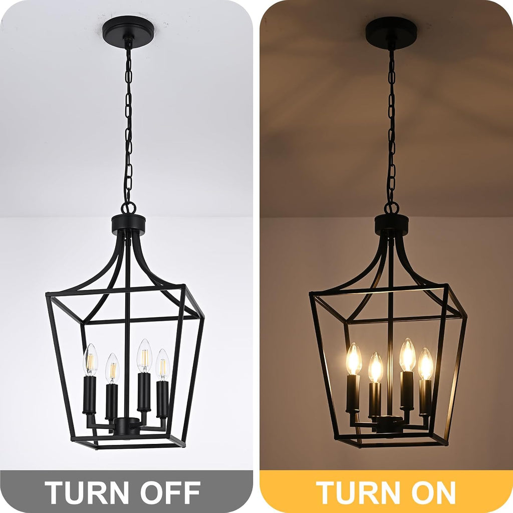 4-light farmhouse lantern chandelier, black pendant light fixture, close-up detail