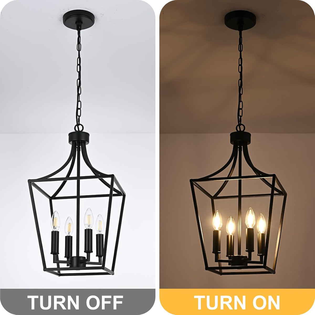 4-light farmhouse lantern chandelier, black pendant light fixture, close-up detail