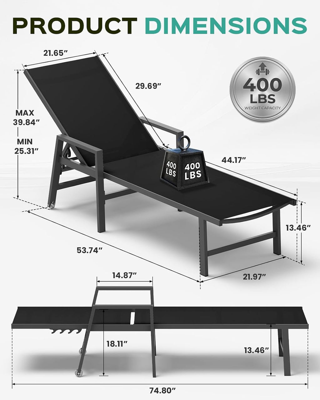 Vexwalx Patio Chaise Lounge Chair Outdoor with Wheels&Armrests, Aluminum Pool Lounge Chairs 5-Position Adjustable Recliner, Outdoor Beach Lounge Chairs for Outside, Patio, Deck, Yard, Black