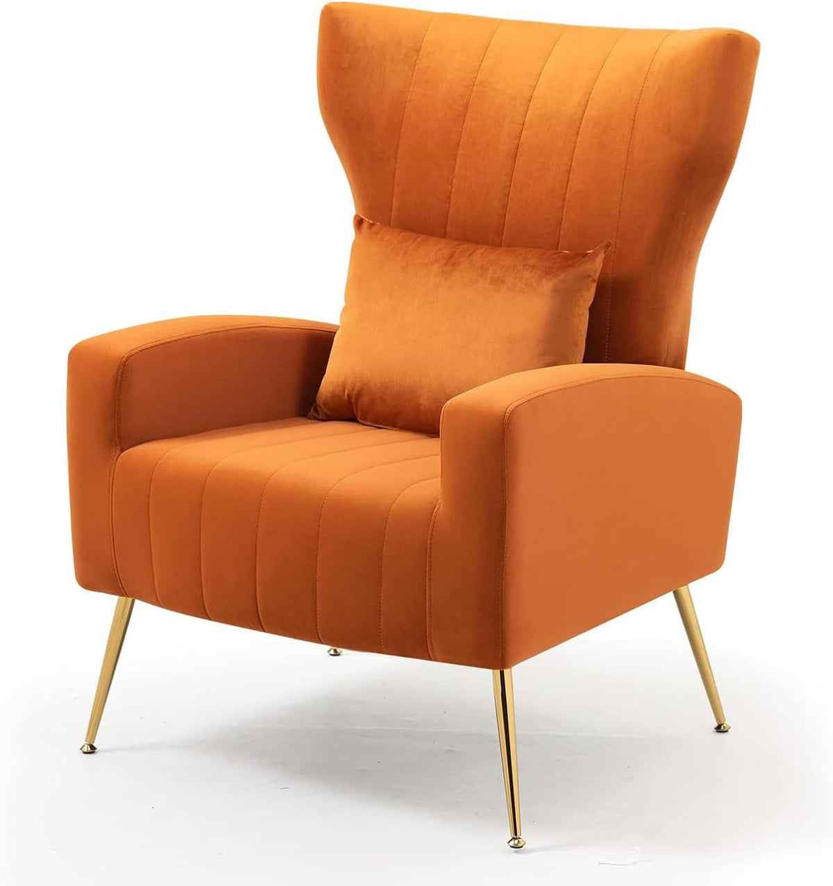 Modern Accent Chairs Set of 2, Wingback Chair with Arm & Gold Legs, Living Room Bedroom Side Chair with Lumbar Pillow, Velvet Upholstered, Channel Tufted, Orange