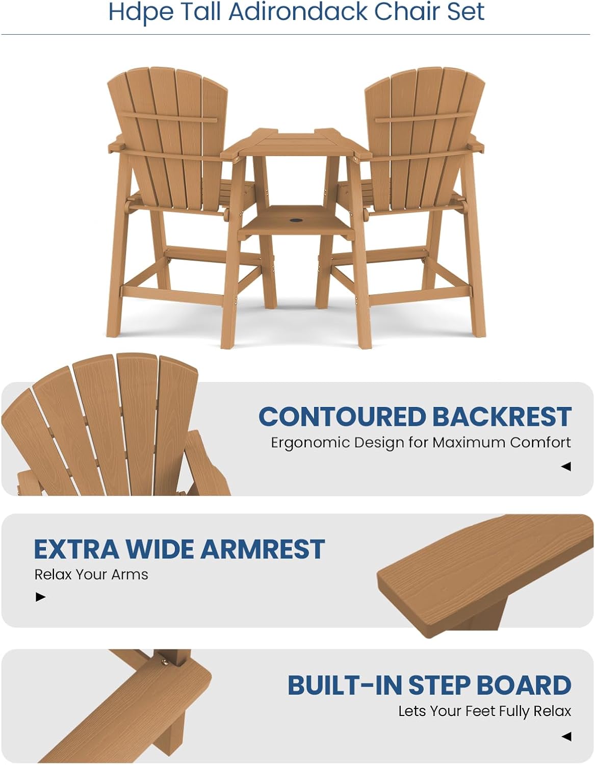 Ciokea Tall Adirondack Chairs Set of 2 with Connecting Trays, Teak