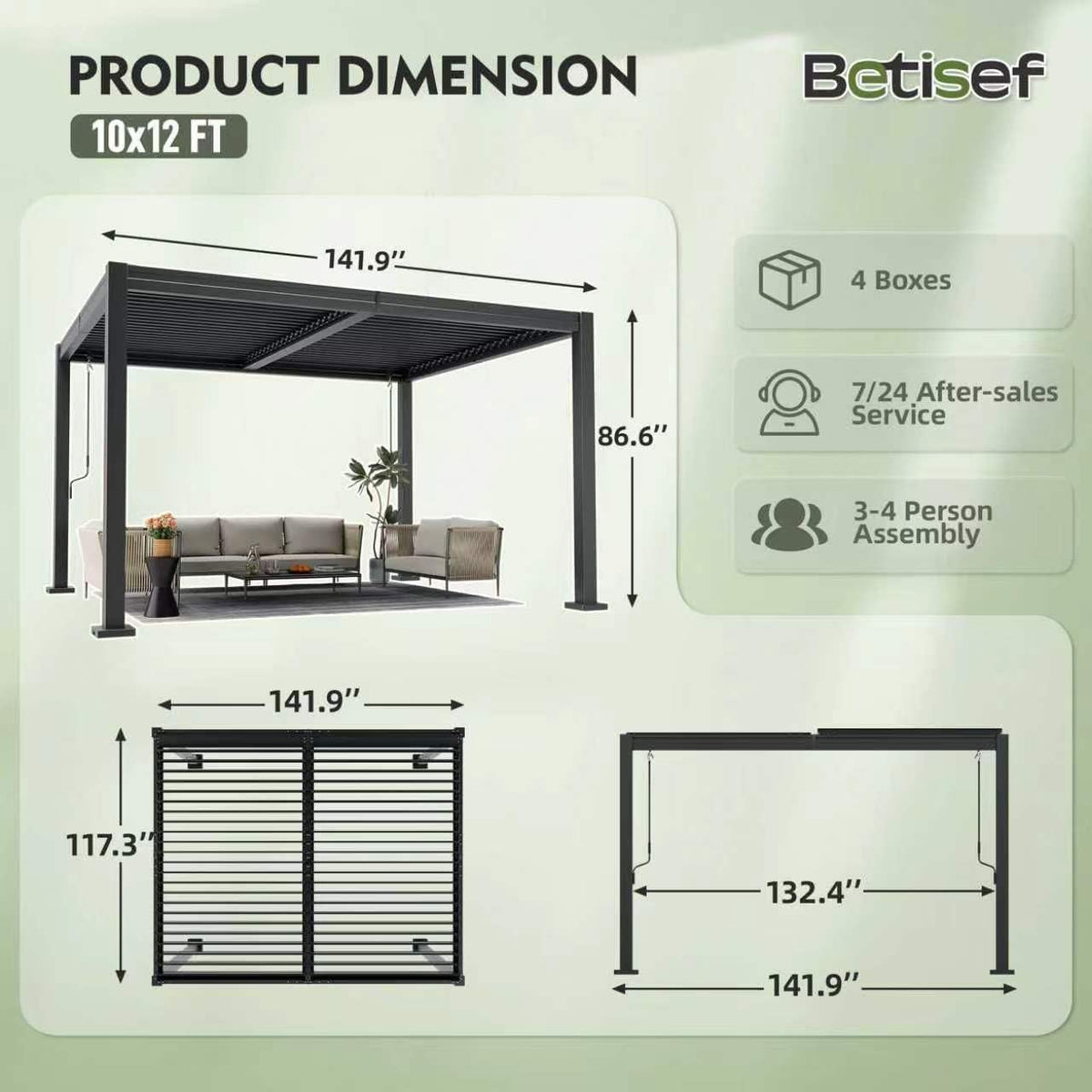 10x12 FT Outdoor Louvered Pergola Dark Grey