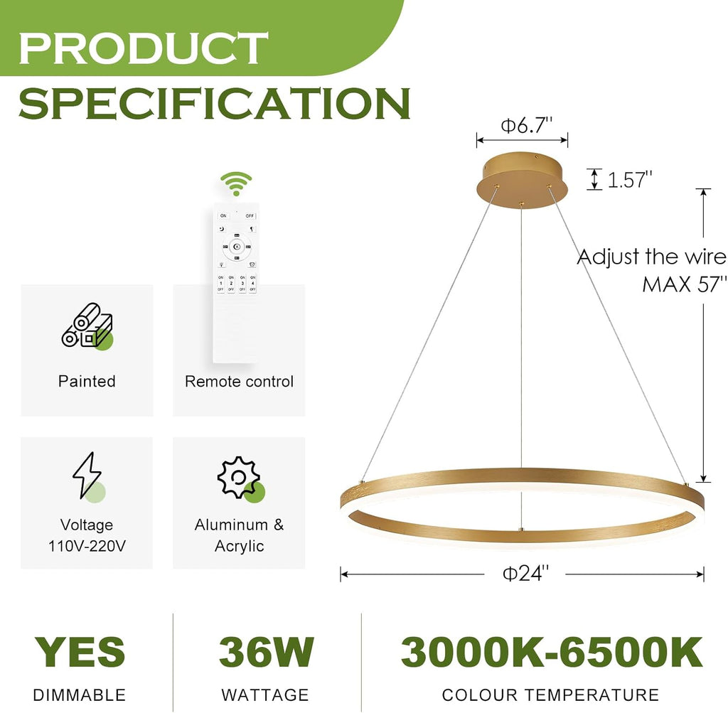 Benkut D24in Modern LED Ring Chandelier Gold Pendant Light with Remote