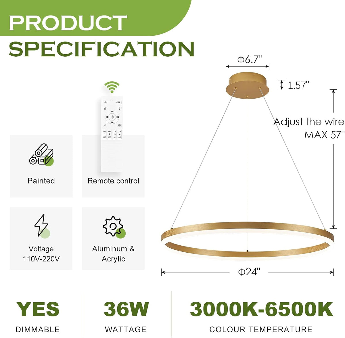 Benkut D24in Modern LED Ring Chandelier Gold Pendant Light with Remote