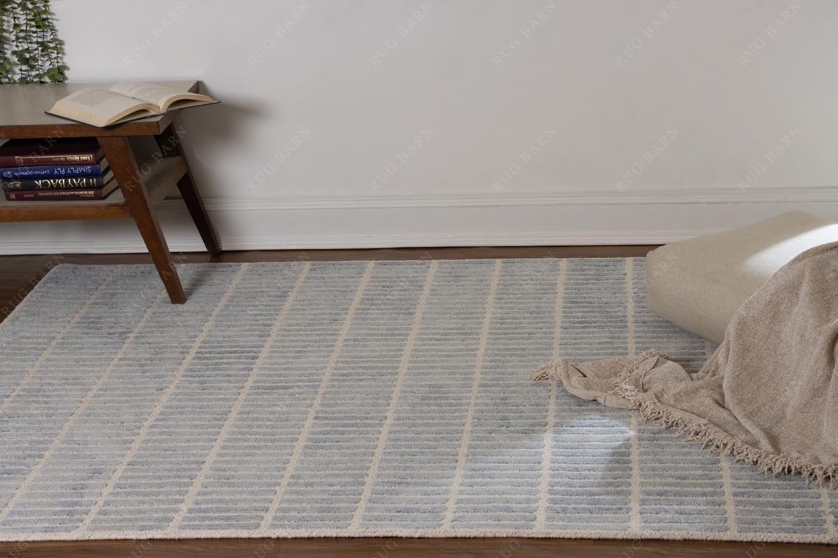 Solid Hand-Tufted 100% Wool Area Rug - 8x10 Ft, Rectangular Coastal Blue Textured Surface Design, Cotton Backing, Plush Dense Pile Handmade Carpet for Living Room, Bedroom & Lounge