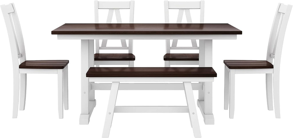 Harper & Bright Designs 6-Piece Dining Set, Farmhouse Style Wood Dining Table and 4 Dining Chairs & Long Bench, Kitchen Table Set, Walnut+White