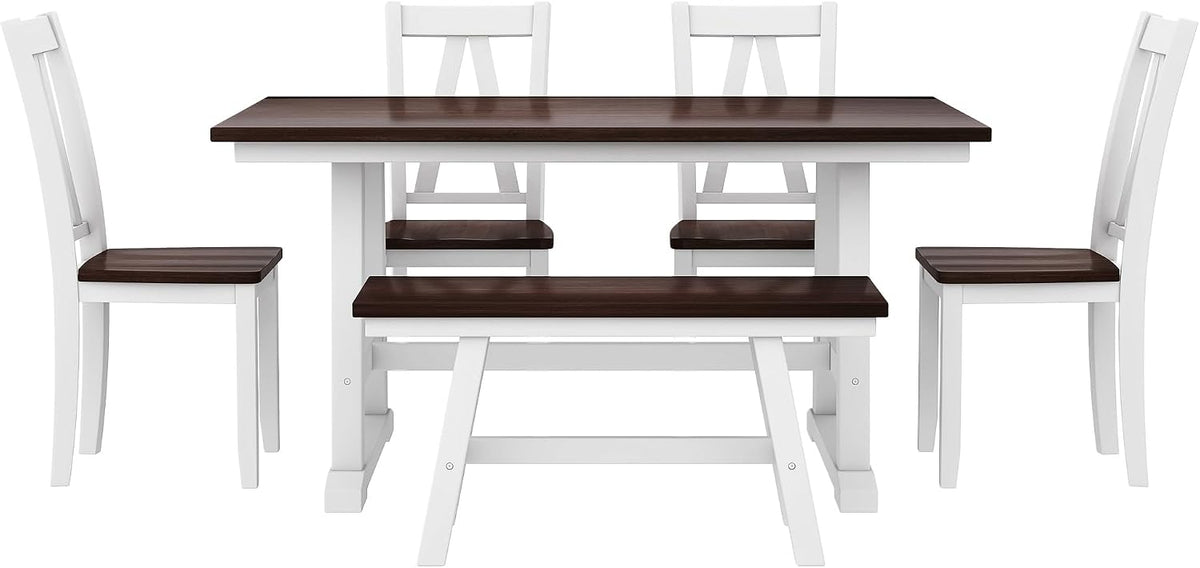 Harper & Bright Designs 6-Piece Dining Set, Farmhouse Style Wood Dining Table and 4 Dining Chairs & Long Bench, Kitchen Table Set, Walnut+White
