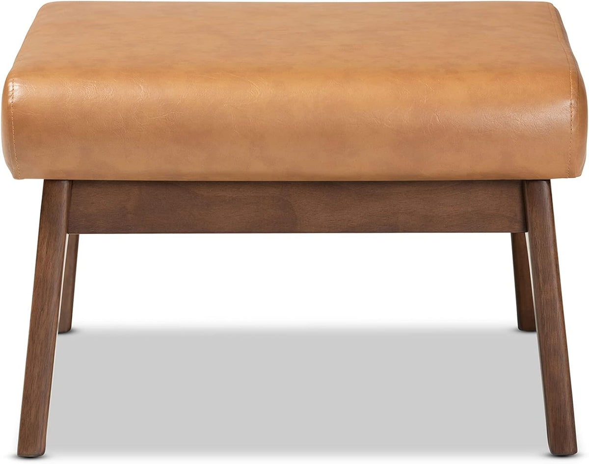 Baxton Studio Bianca Mid-Century Modern Walnut Brown Finished Wood and Tan Faux Leather Effect Ottoman