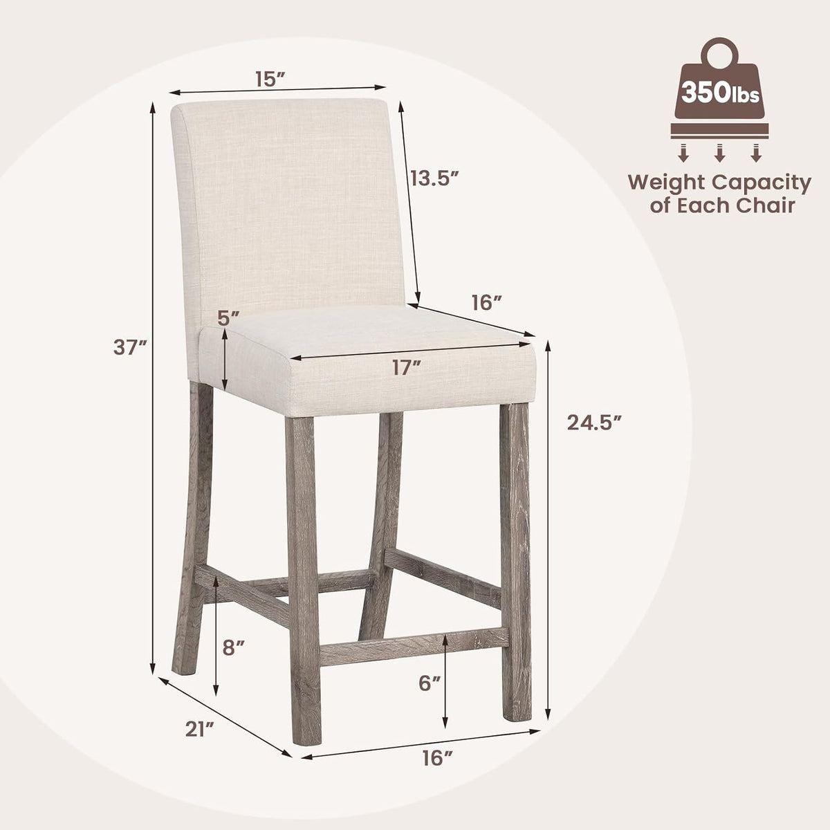 COSTWAY Wooden Counter Height Bar Stools Set of 2 with Upholstered Seat