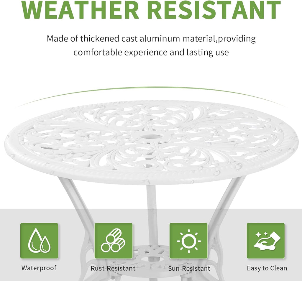 Bistro Set 3 Piece Outdoor Cast Aluminum Patio Bistro Set with Umbrella Hole, All Weather Bistro Table and Chairs Set, Small Patio Furniture Set for Garden, Porch,White