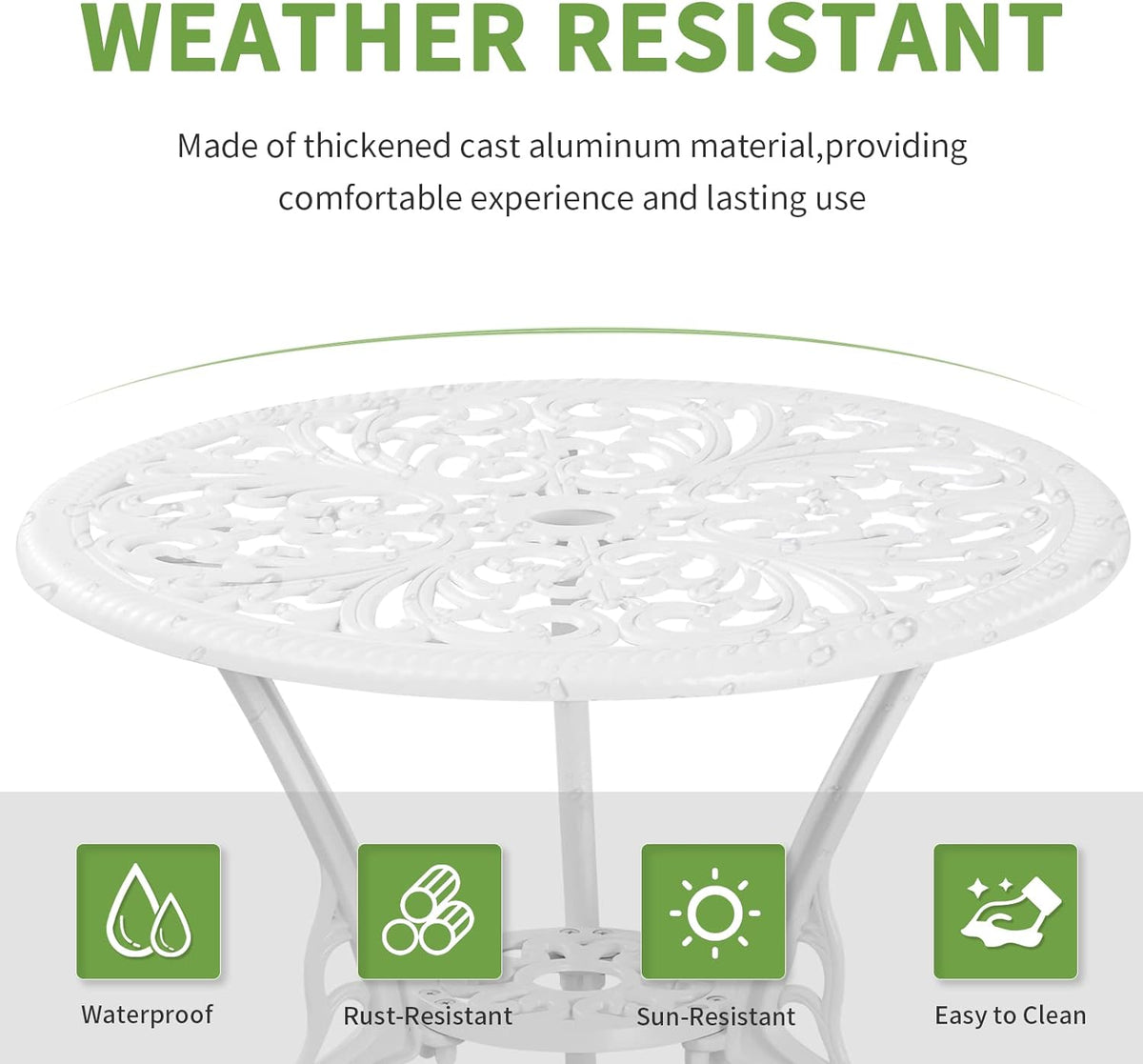 Bistro Set 3 Piece Outdoor Cast Aluminum Patio Bistro Set with Umbrella Hole, All Weather Bistro Table and Chairs Set, Small Patio Furniture Set for Garden, Porch,White