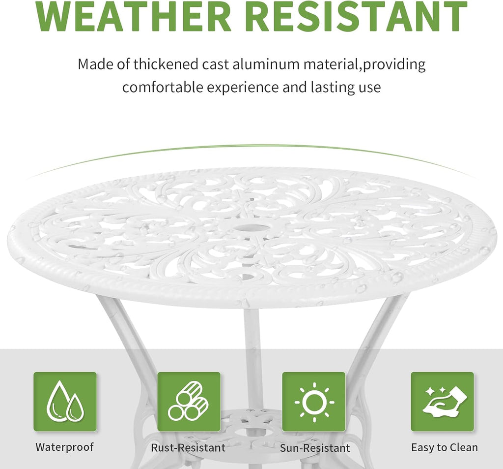 3 Piece Patio Set Outdoor Cast Aluminum Patio Bistro Table and Chairs Set of 2,All Weather Outdoor Bistro Sets with 1.97" Umbrella Hole for Front Porch Set,Garden(White)