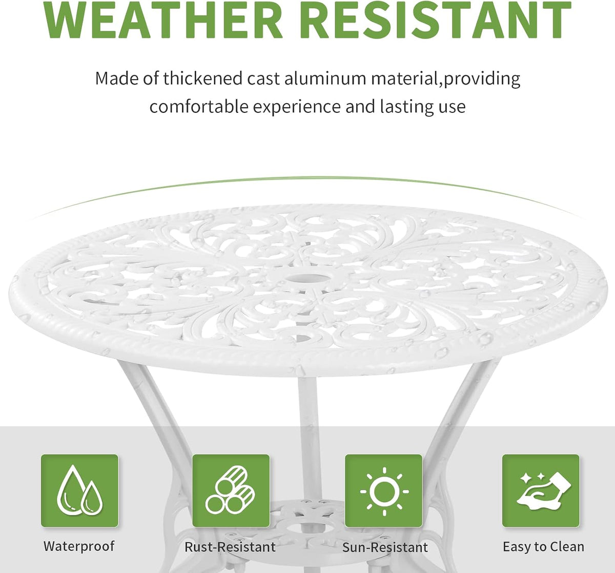 3 Piece Patio Set Outdoor Cast Aluminum Patio Bistro Table and Chairs Set of 2,All Weather Outdoor Bistro Sets with 1.97" Umbrella Hole for Front Porch Set,Garden(White)