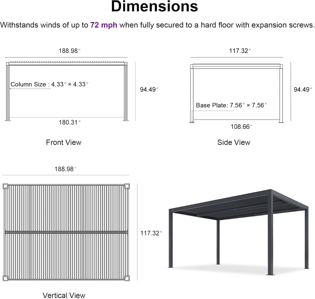 PURPLE LEAF Louvered Pergola 10' x 16' 94AS with Adjustable Louvers Gray
