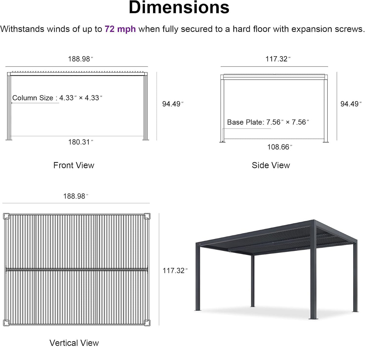 PURPLE LEAF Louvered Pergola 10' x 16' 94AS with Adjustable Louvers Gray