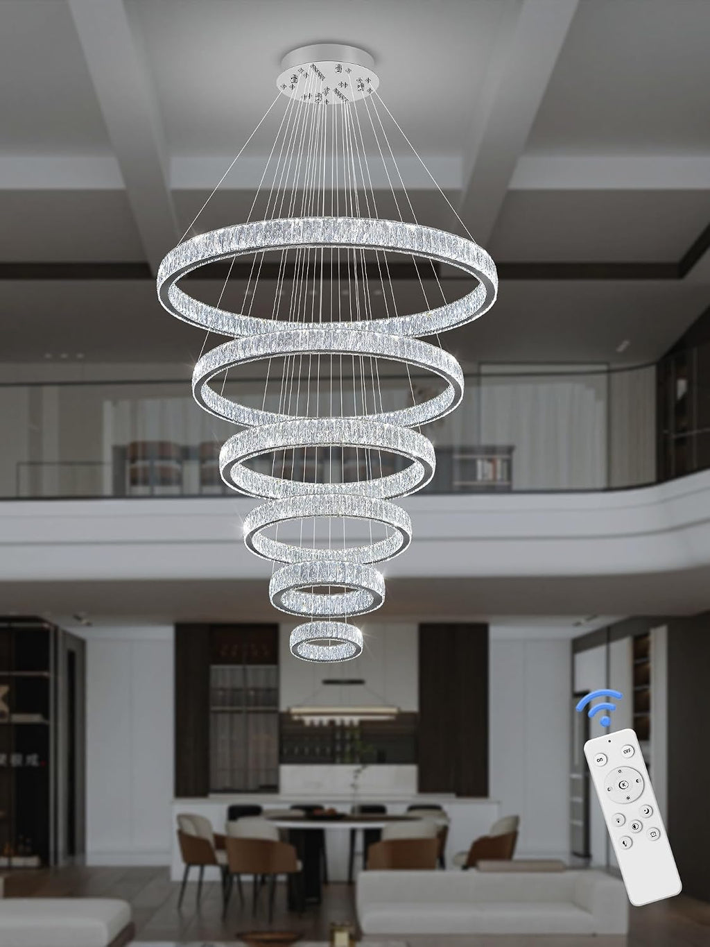 Extra Large 6 Ring Crystal Chandelier Modern LED Long Crystal Chandelier for High Ceiling Height Adjustable D8+15.7"+23.6"+31.5"+39.4"+47.5" Dimmable 2700K-6000K