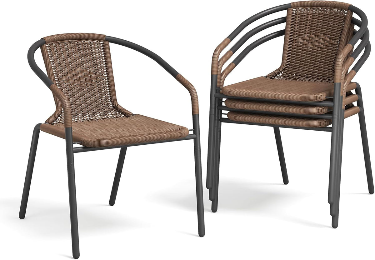 UDPATIO Rattan Patio Dining Chairs Set of 4, Wicker Stackable Outdoor Chairs with All Weather Curved Back & Metal Frame, for Indoor Restaurant Porch Deck, Brown