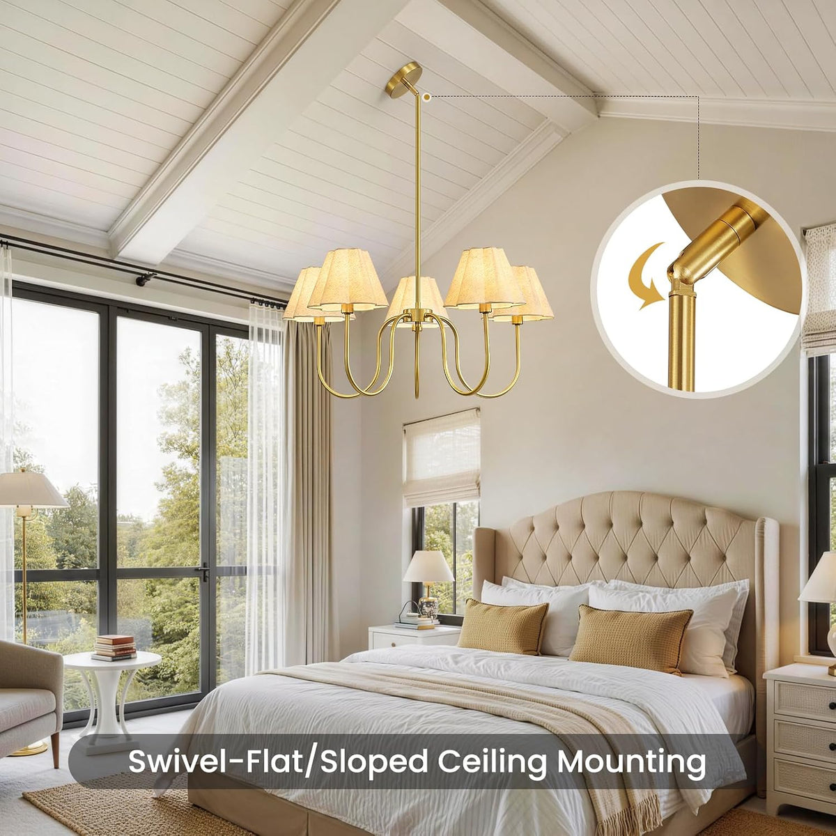 Brass Gold Chandeliers for Dining Room, 28"Light Adjustable Antique Modern Gold Chandelier Light Fixture with Scalloped Linen Fabric Shade, Classic Kitchen Pendant Lights over Table for Bedroom